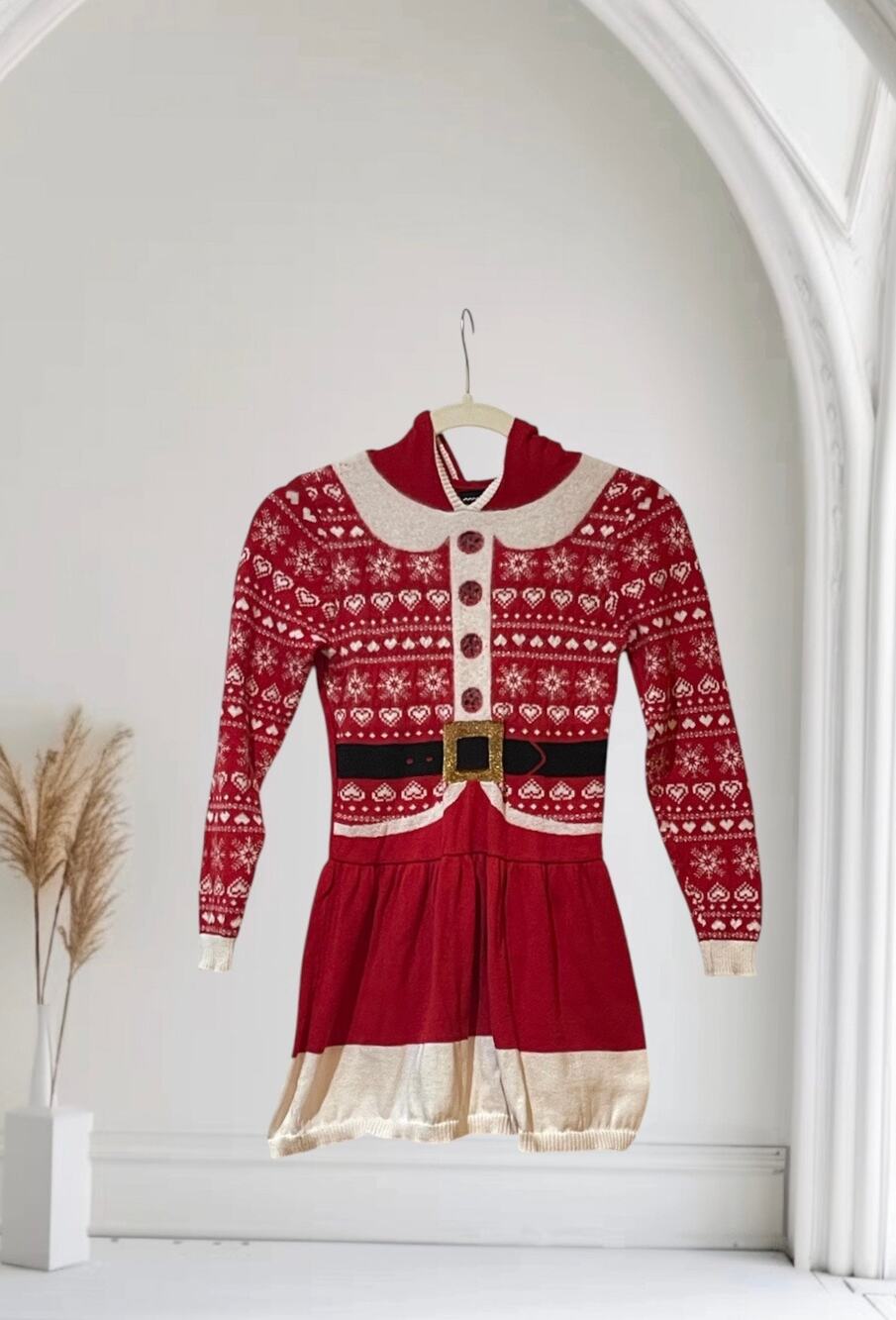 Girls "Holiday Sweater" Red Christmas dress w/hood. Size Medium 7-8